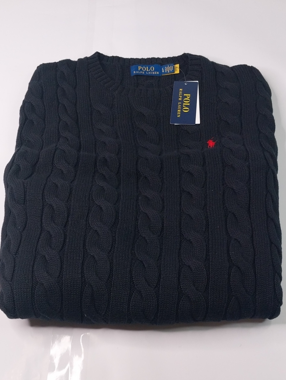 Polo by Ralph Lauren Black Cable-Knit Crewneck Sweater with Red Pony
